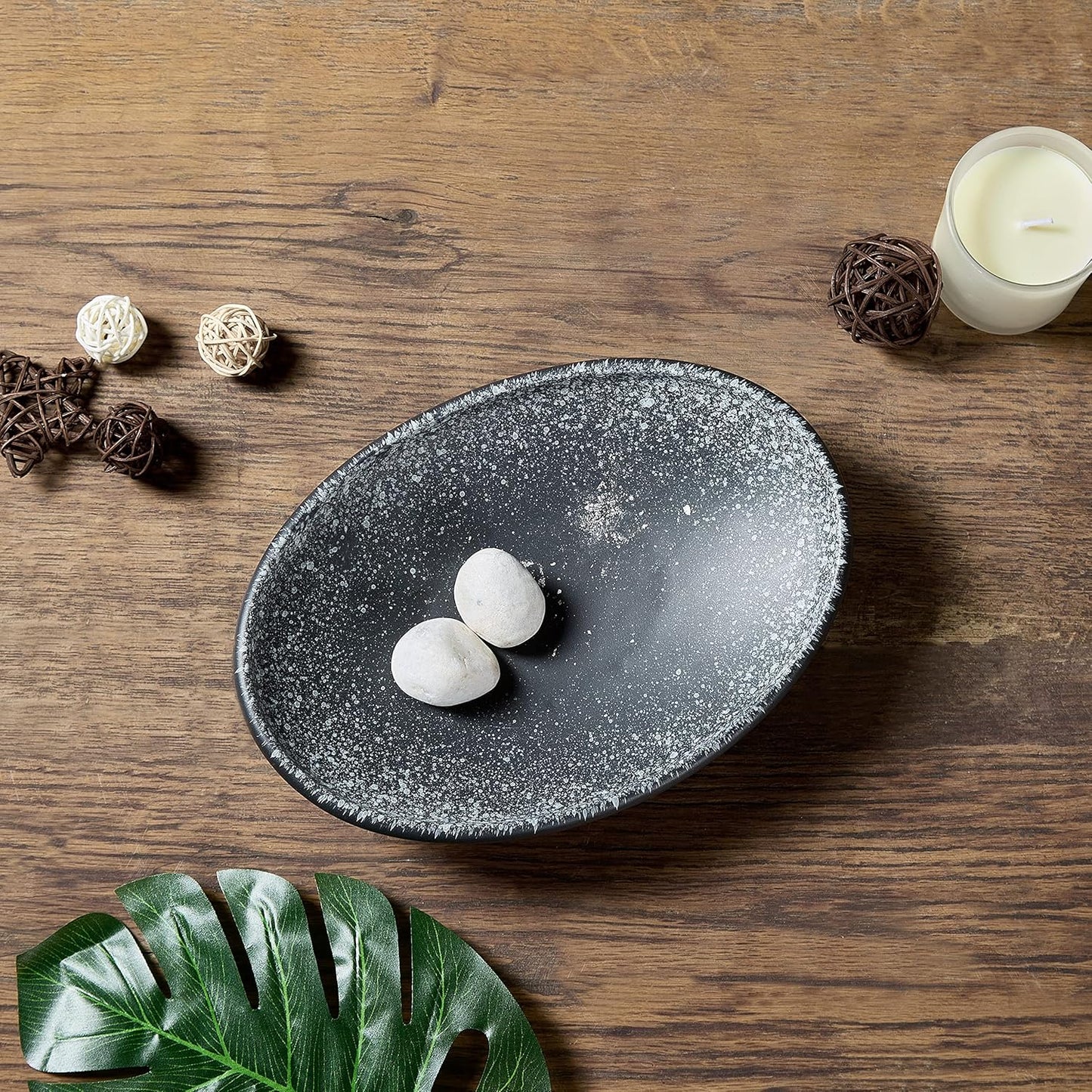 Oval Ceramic Decorative Bowl, Key Dish for Entryway Table, Small Home Decor Accent, Trinket Tray for Office Home Decor Gift (10'' Snowflake Gray without Glaze Layer)