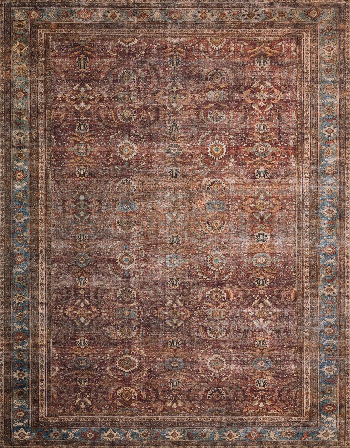 Loloi Layla Collection LAY-01 Brick/Blue 2'-0" x 5'-0" .13" Thick Accent Rug, Soft, Durable, Vintage Inspired, Distressed, Low Pile, Non-Shedding, Easy Clean, Printed, Living Room Rug