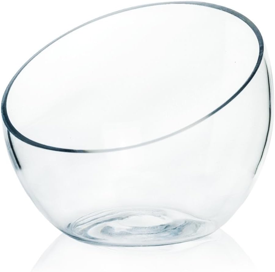 Craft And Party, Slant Cut Bowl Glass Vase, Glass Fish Bowl Vase, 8.5" Height x 10" Width Fruit Jar, Candy Dish, Clear Terraium, Flower Vase Centerpiece