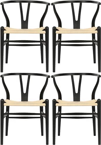 Wishbone Chair Natural Solid Wood Dining Chair/Hans Vegner Y Chair Rattan and Wood Accent Armrest Chairs (Ash Wood - Black + Natural Cord)