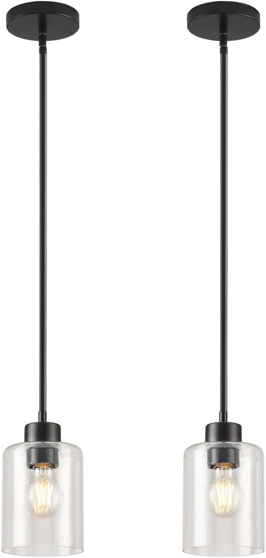 Black Pendant Lights Kitchen Island - Seeded Glass Pendant Light Fixture Multiple Stems Rods 3 Units 12 Inch 3 Units 4 Inch (2 Pack Black Seeded Downrod)