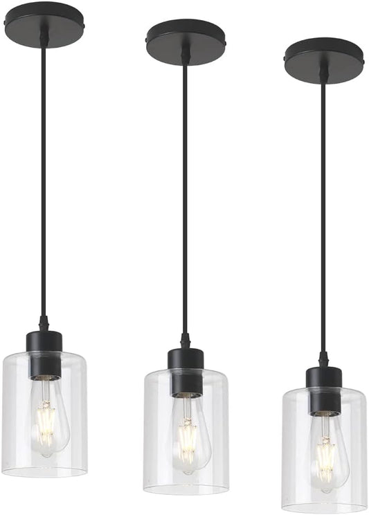 Modern Black Farmhouse Clear Glass Cylinder Pendant Light Fixture,Mini Pendant Lighting for Kitchen Island Decor - 4.75 Inch Shade, 2-58 Inch Cord (Black 3 Pack)
