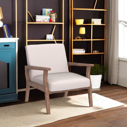 HNY Mid Century Modern Accent Chairs Set of 2 with Wood Frames, Linen Upholstered Living Room Arm Chairs for Living Room, Bedroom, Ivory