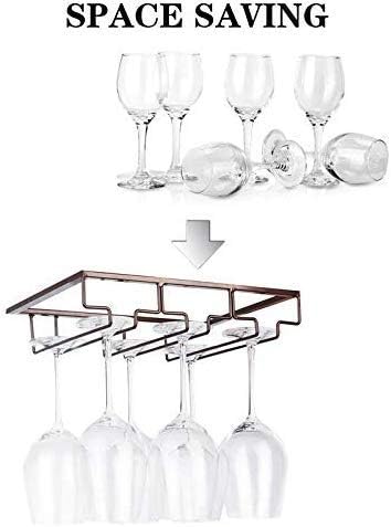 Wine Glass Rack - Under Cabinet Stemware Wine Glass Holder Glasses Storage Hanger 2 Pack Metal Organizer for Bar Kitchen Brown