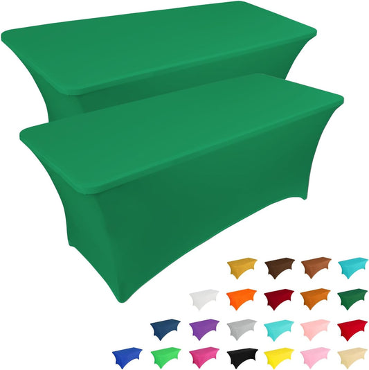 IVAPUPU 2 Pack 8FT Table Cloth for Rectangular Fitted Events Stretch Emerald Green Table Covers Washable Cover Spandex Tablecloth Protector for Party, Wedding, Cocktail, Banquet, Festival