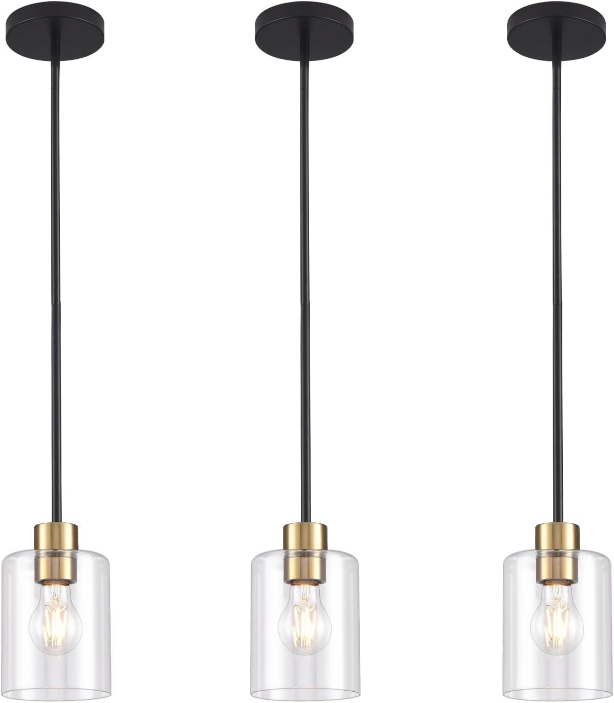 Black Brass Pendant Lights Kitchen Island - Clear Glass Pendant Light Fixture Multiple Stems Rods 3 Units 12 Inch 3 Units 4 Inch (3 Pack Black Brass Downrod)