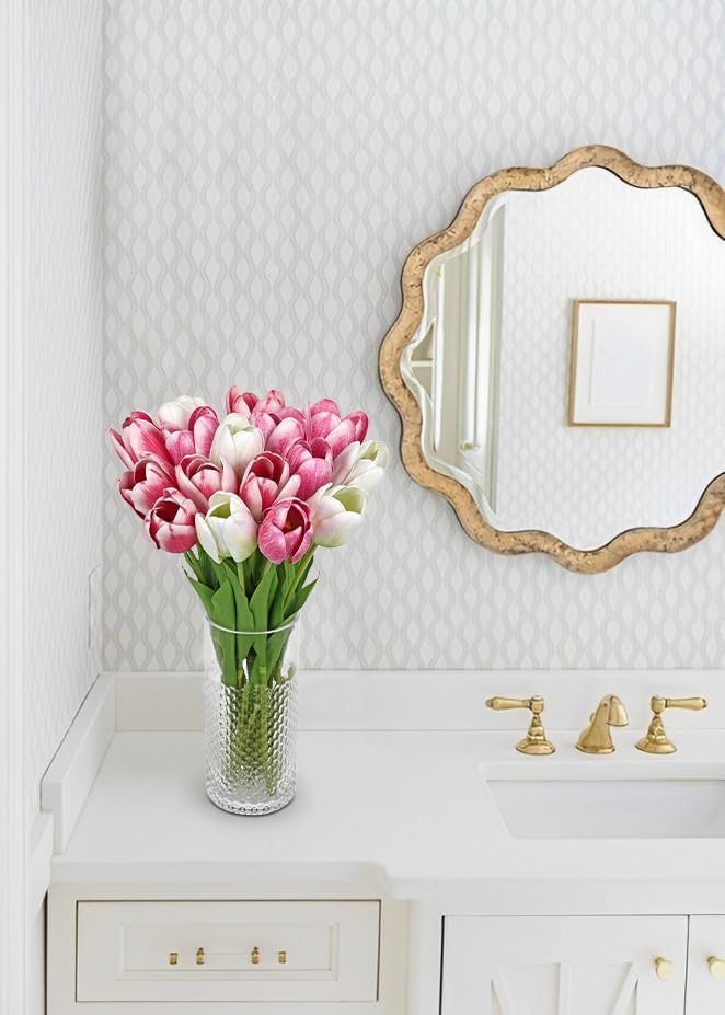 Artificial Tulips Flowers – 24" Long Stem Faux Tulips, 7PCS Real Touch Fake Red Tulip for Vase, Farmhouse, Kitchen, Spring & Wedding Home Decor