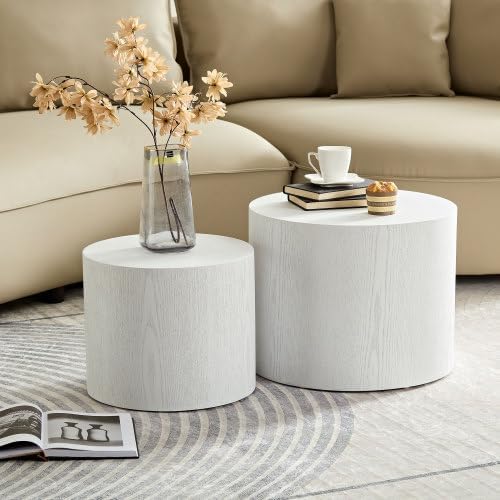 Nesting Coffee Table Set of 2, Modern Round Coffee Table with Non-Slip Feet, Wooden Circle Accent Tables for Small Spaces Living Room Bedroom Balcony Office Drum Side Table (White)