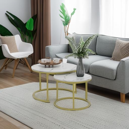 Smuxee White Nesting Coffee Table Set of 2, 27.6" Round Coffee Table Wooden Marble Pattern with Adjustable Non-Slip Feet, Industrial End Table for Living Room Bedroom Balcony