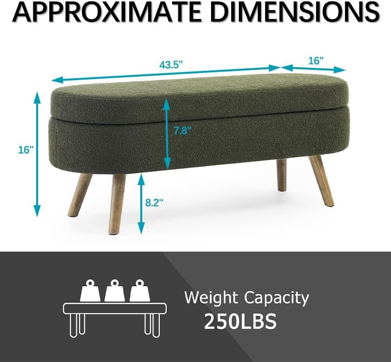 Oval Storage Bench 43.5" Linen Fabric Upholstered Entryway Bench with Solid Wood Legs Ottoman Bench Indoor Bench for Living Room/Bedroom/End of Bed/Entryway (Dark Green)