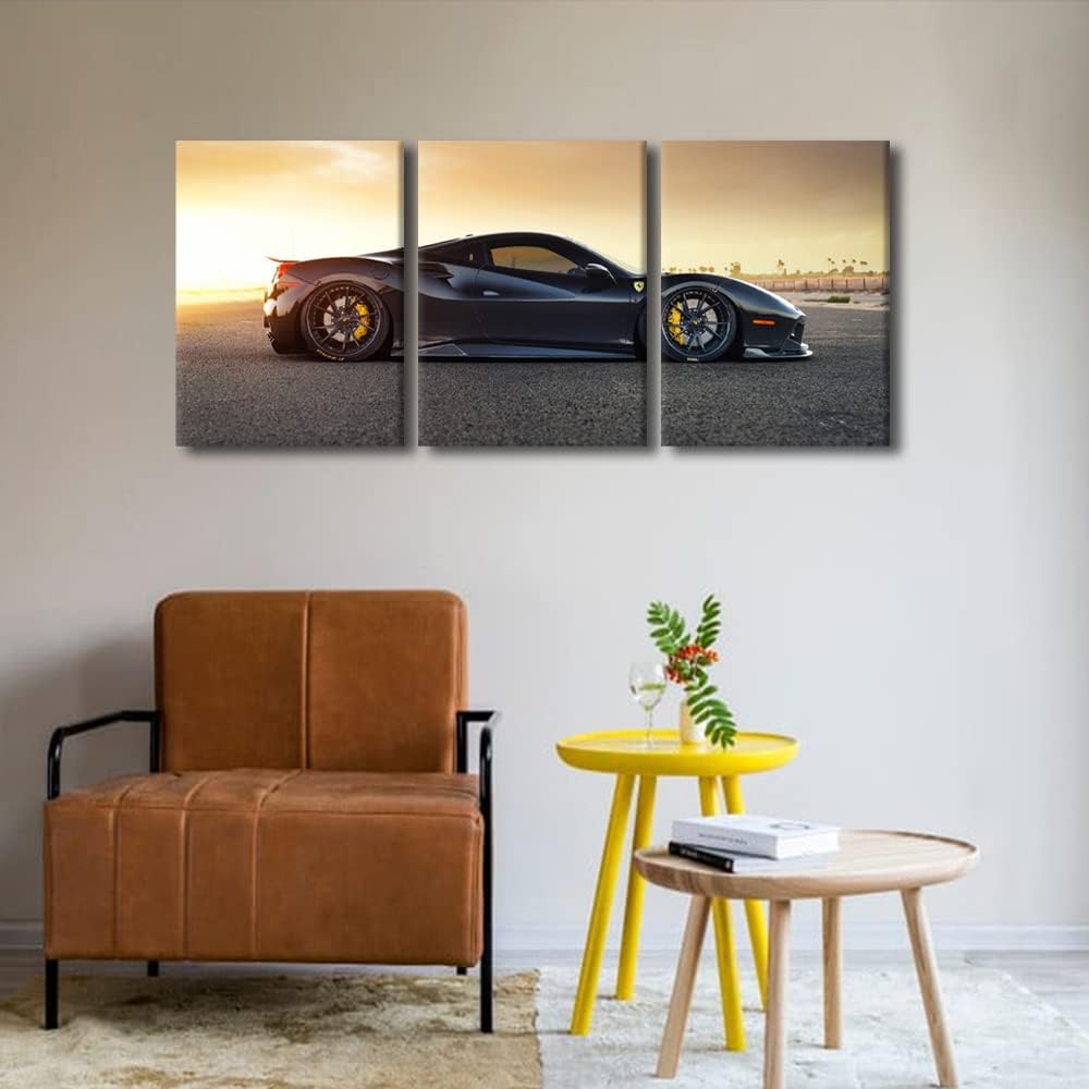 TUMOVO Black Supercar at Sunset Canvas Prints Hypercar Wall Art Paintings Sports Car Posters Stretched Pictures for Living Room 3 Pieces Modern Home Decor Framed Wall Art Decorations, 36" Wx16 H
