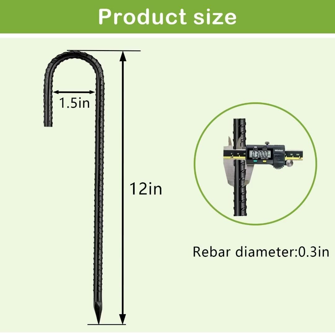 Rebar-Stakes-12-Inch, Ground Stakes Heavy Duty J-Hook Black Coated Anti-Rust Heavy Duty Ground Anchors for Garden Dog Fence Chicken Coop Christmas Decorations Deer Fence 8pcs