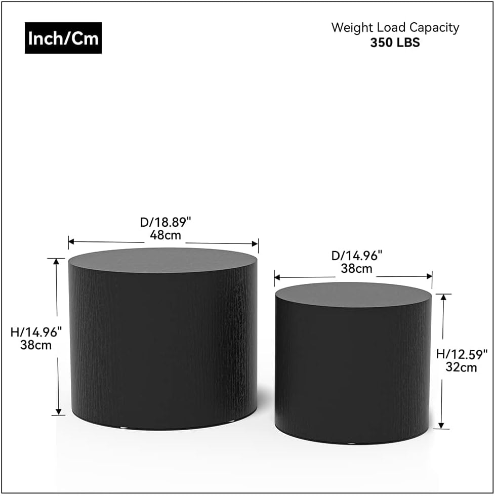 Nesting Coffee Table Set of 2, Modern Round Coffee Table with Non-Slip Feet, Wooden Circle Accent Tables for Small Spaces Living Room Bedroom Balcony Office Drum Side Table (Black)