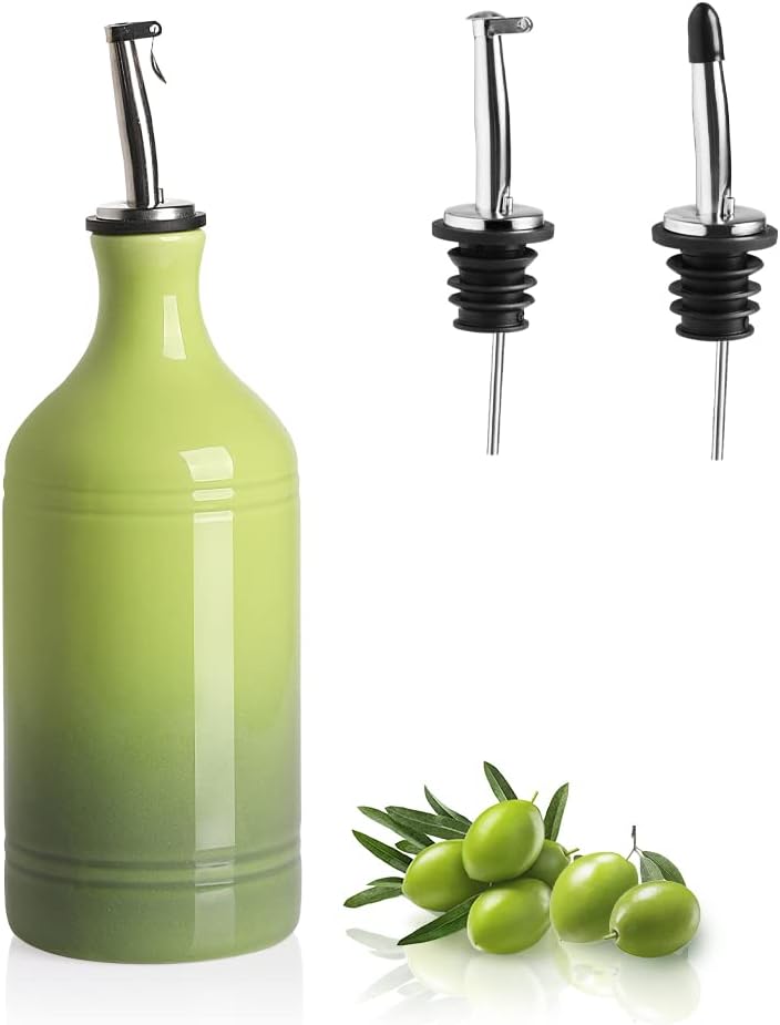 Sweejar Ceramic Olive Oil Dispenser Bottle, Opaque Oil Cruet Protects Oil to Reduce Oxidation, Suitable for Oil, Vinegar, Coffee Syrups & Other Liquids, Pack of 1, 15.5 Fl Oz (Gradient Green)