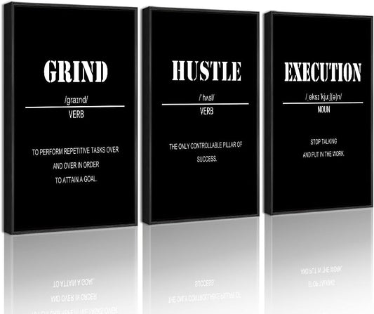 Drsoum Inspirational Office Framed Wall Art Motivational Grind Hustle Success Canvas Wall Decor Encouraging Quotes Sayings Paintings 3 Pieces Artwork Home Bedroom Easy to Hang 12x16in (Black Framed)
