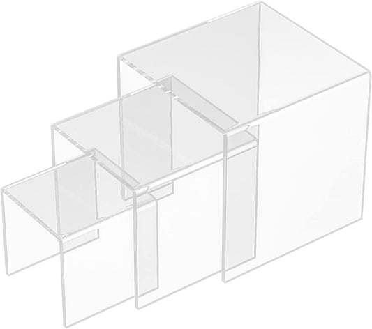 Square Acrylic Display Risers 3pcs, Clear Showcase Shelves for Collectibles, Funko Pop Figures, Perfumes, Cupcake, Candy Dessert - 3''x4''x5''