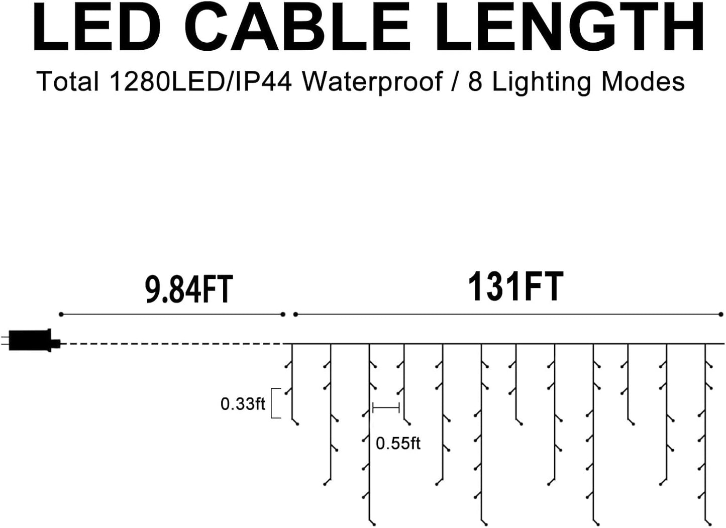 Heceltt Christmas Lights Outdoor, 1280 LED 131FT Ice Lights for Outside, 8 Modes Plug in 240 Drops Ice String Light with Timer Memory Function Hanging Light for Christmas Decor(Cool White)