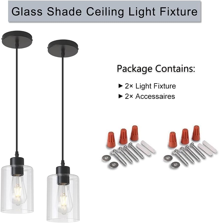 Modern Black Farmhouse Clear Glass Cylinder Pendant Light Fixture,Island Lights for Kitchen,Mini Pendant Lighting for Kitchen Island Decor - 4.75 Inch Shade 58 Inch Cord (Black 2 Pack)