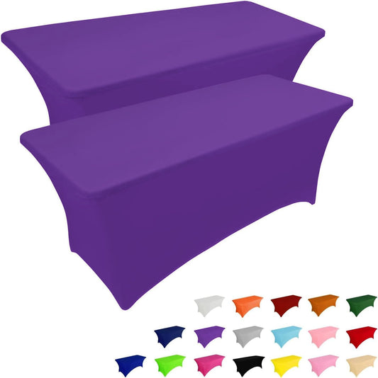 IVAPUPU 2 Pack 8FT Table Cloth for Rectangular Fitted Events Stretch Purple Table Covers Washable Cover Spandex Tablecloth Protector for Party, Wedding, Cocktail, Banquet, Festival