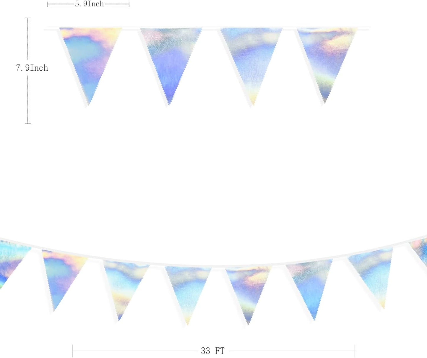 33Ft Iridescent Party Decoration Holographic Fabric Triangle Pennant Banner Flag Cotton Bunting Garland for Birthday Wedding Bridal Shower Bachelorette Engagement Disco Euphoria Galaxy Party Supplies