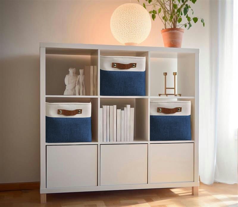 DECOMOMO Storage Bins Fabric Storage Baskets for Shelves, Linen Closet Organization Toys Nursery (Navy Blue and White, Large - 4 Pack)