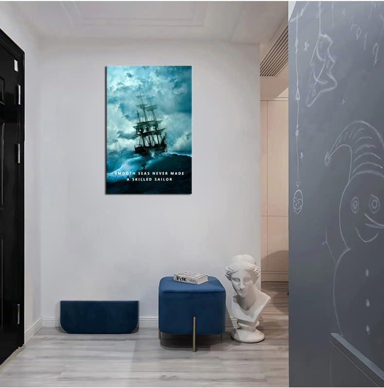 Smooth Seas Never Made A Skilled Sailor Motivational Wall Art Inspirational Canvas Poster Entrepreneur Quote Picture Home Office Decor Painting Framed and Stretched Ready to Hang [24''W x 36''H]
