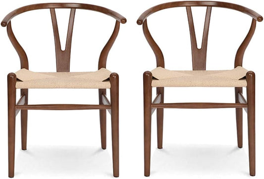 Wishbone Chair Natural Solid Wood Dining Chair/Hans Vegner Y Chair Rattan and Wood Accent Armrest Chairs (Ash Wood - Walnut 2 Chairs)