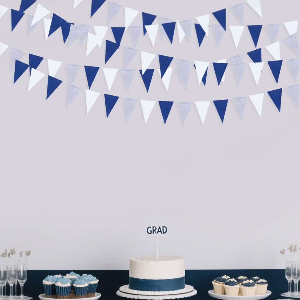 30 Ft Navy Blue White and Silver Party Decorations Royal Blue Triangle Flag Pennant Banner Bunting for Graduation Birthday Wedding Bridal Shower Nautical Ahoy Achor Theme Party Decorations Supplies