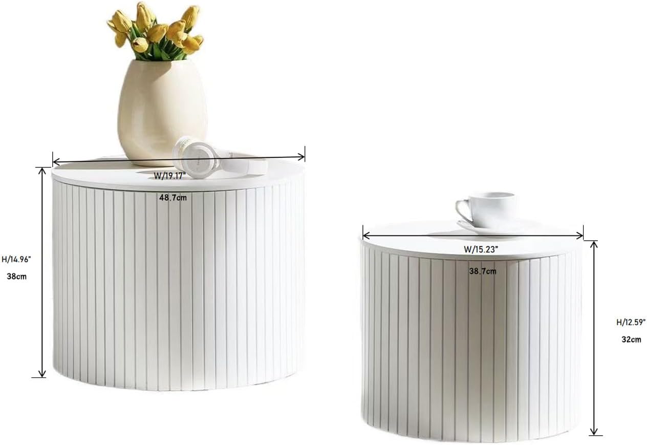 Nesting Cofee Tables Set of 2 with Storage, Modern Round Wooden Coffee Table Circle Side Tables Accent Walnut Table for Living Room, Small Spaces, Bedroom,Balcony, Office(19.17" White)