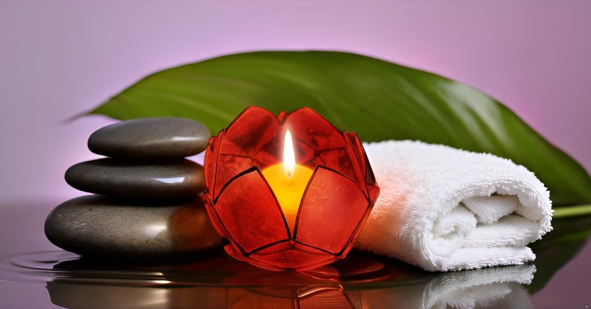 Blooming Lotus Capiz Shell Tealight Candle Holder, Handcrafted Decorative Tea Light Candleholder with Translucent Flower Petals for Ambient Illumination and Natural Elegance, Red