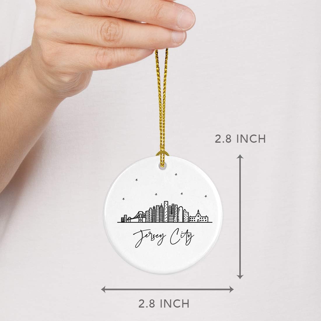 Andaz Press Round Ceramic Porcelain Christmas Tree Ornament Keepsake Gift, Jersey City, Black and White Stars City Skyline Graphic, 1-Pack, Birthday Ideas Family Coworker Him Her, Includes Gift Box