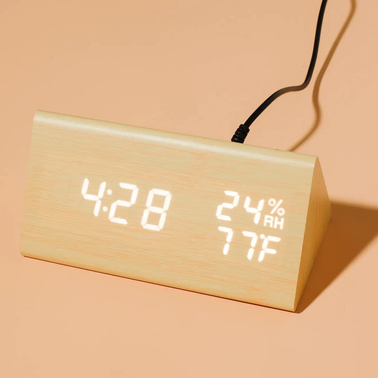 OCT17 Wooden Alarm Clock, Wood Alarm Clock Smart LED Digital Clock for Bedroom/desks, Upgraded with Time Temperature, Adjustable Brightness and Voice Control, Humidity Displaying - Bamboo