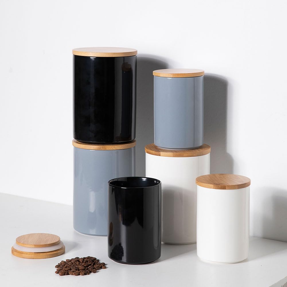 Sweejar Kitchen Ceramic Food Storage Containers Set, Stackable Canisters for Countertop with Airtight Boomboo Lids for Serving Ground Coffee, Tea, Sugar, Salt and More- Set of 2 (White)