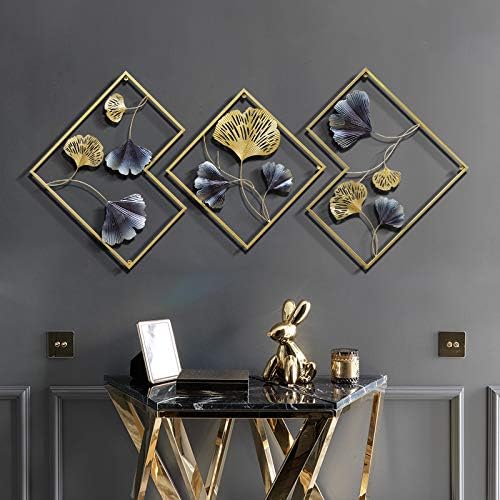 MKUN Iron Wall Sculptures - Set of 3 Diamond shaped Metal Wall Decor with Gingko Biloba Art Great for Home Hotel Decoration(Gold&Gray)