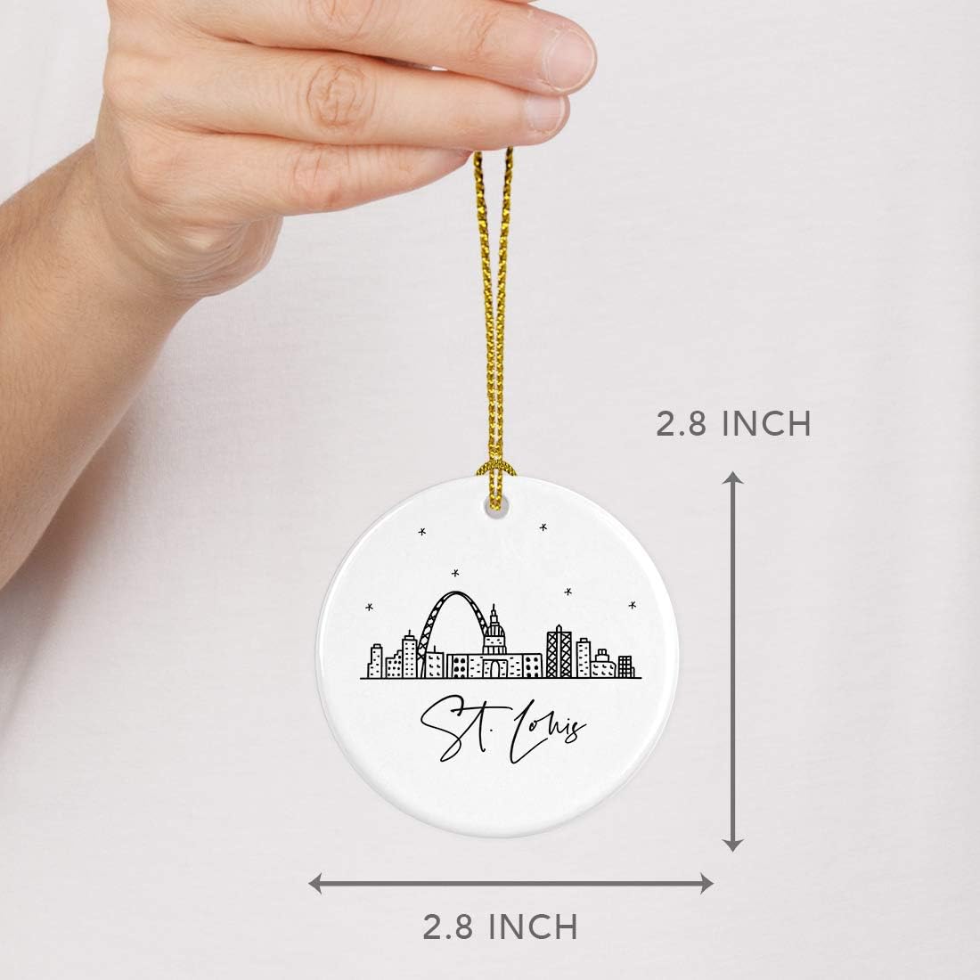 Andaz Press Round Ceramic Porcelain Christmas Tree Ornament, St. Louis, Black and White Stars City Skyline, 1-Pack, Birthday Ideas Coworker, Includes Box St Louis Ornament St Louis Christmas Ornament