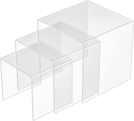 Clear Acrylic Risers 3 pcs, Square Acrylic Food Display Stands Tabletop, Display Shelf for Vendors, Collectibles, Funko Pop, Food, Glasses, Perfume, Small Plants - 5''x6''x7''