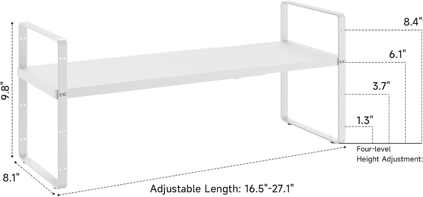 16.5~27.1" Expandable Shelf Organizer, 2Pack 8.1" Wide Stackable Cabinet Shelf Organizers, White Metal Sturdy Kitchen Counter Storage for Countertop, Adjustable Height Spice Rack