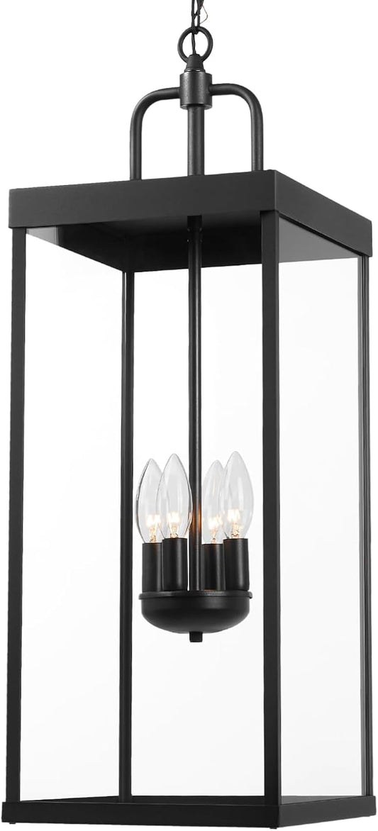 Large Outdoor Pendant Lantern Light Fixture for Front Porch, 28 Inch 4-Light Black Exterior Hanging Chandelier with Clear Glass, Outdoor Indoor Pendant Lamp for Patio, Gazebo, Entryway, Doorway