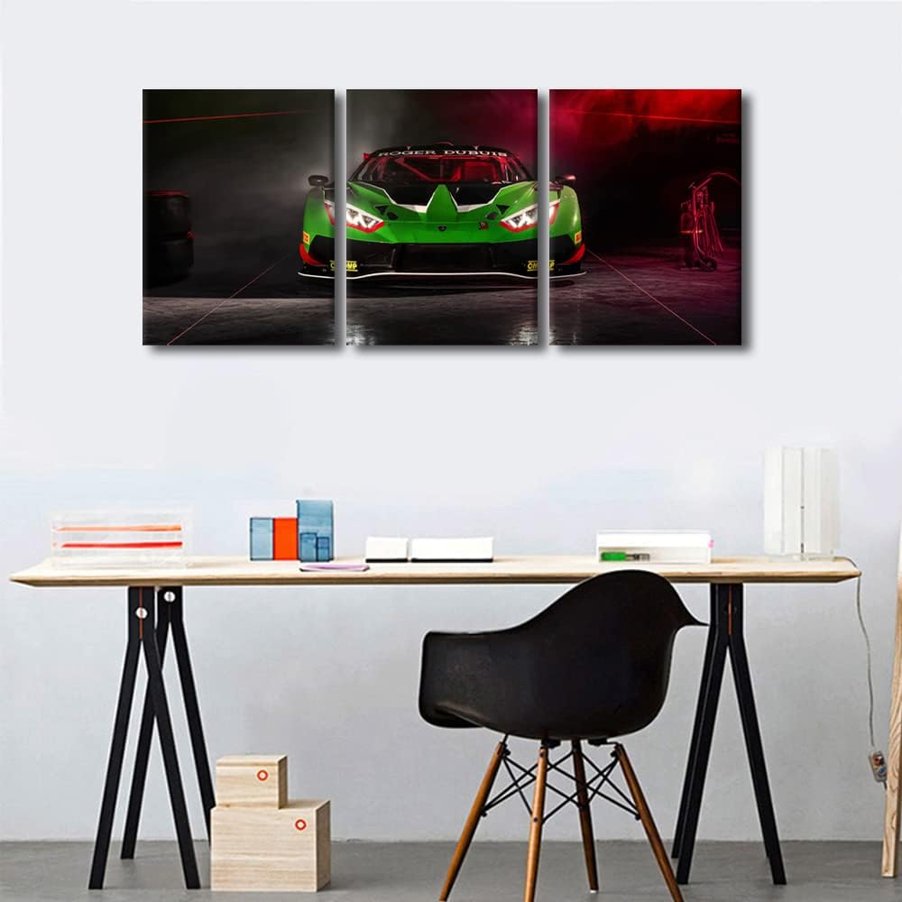 TUMOVO Green Sports Car Pictures for Living Room Supercar Speed Car Canvas Wall Art House Decor Hypercar Modern Office Wall Decor 3 Panels Framed Large Wall Art for Home Teen Boys Bedroom, 36" Wx16 H