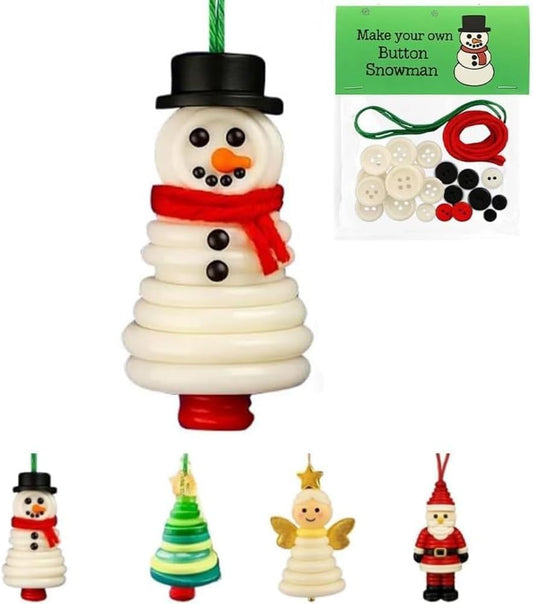 4pcs Button Christmas Tree Ornament Kits, Fun Holiday Decorations for All Ages, DIY Craft Buttons Kit with Christmas Snowman/Santa/Angel, Gifts for Xmas Tree Hanging Decorations (Snowman)