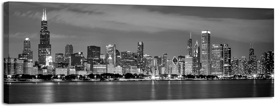 Wieco Art Chicago City Center Skyline in Black and White Canvas Prints Modern Canvas Art Cityscape Wall Decorations for Living Room Pictures for Bedroom Decorations