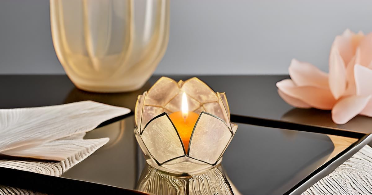 Blooming Lotus Capiz Shell Tealight Candle Holder, Handcrafted Decorative Tea Light Candleholder with Translucent Flower Petals for Ambient Illumination and Natural Elegance, Natural