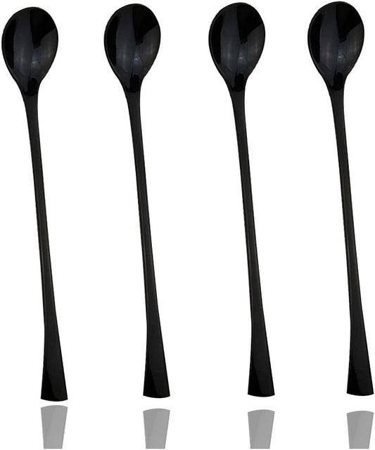JASHII 18/10 Stainless Steel 4 Piece Mirror Polished Black Long Handle Ice Cream Spoon and Coffee Server Utensil Set - 18CM