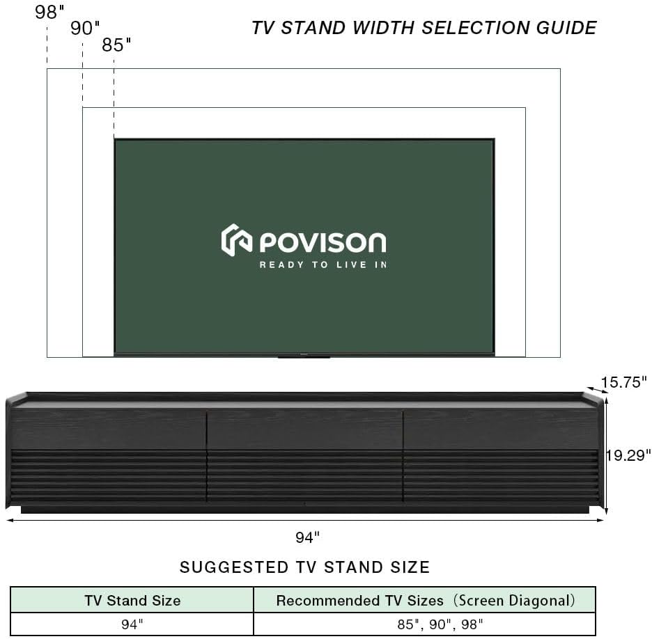 POVISON Fully-Assembled Mid Century Modern TV Stand, 94.49" Wood Media Console with Adjustable LED Light, Entertainment Center with Storage for Living Room
