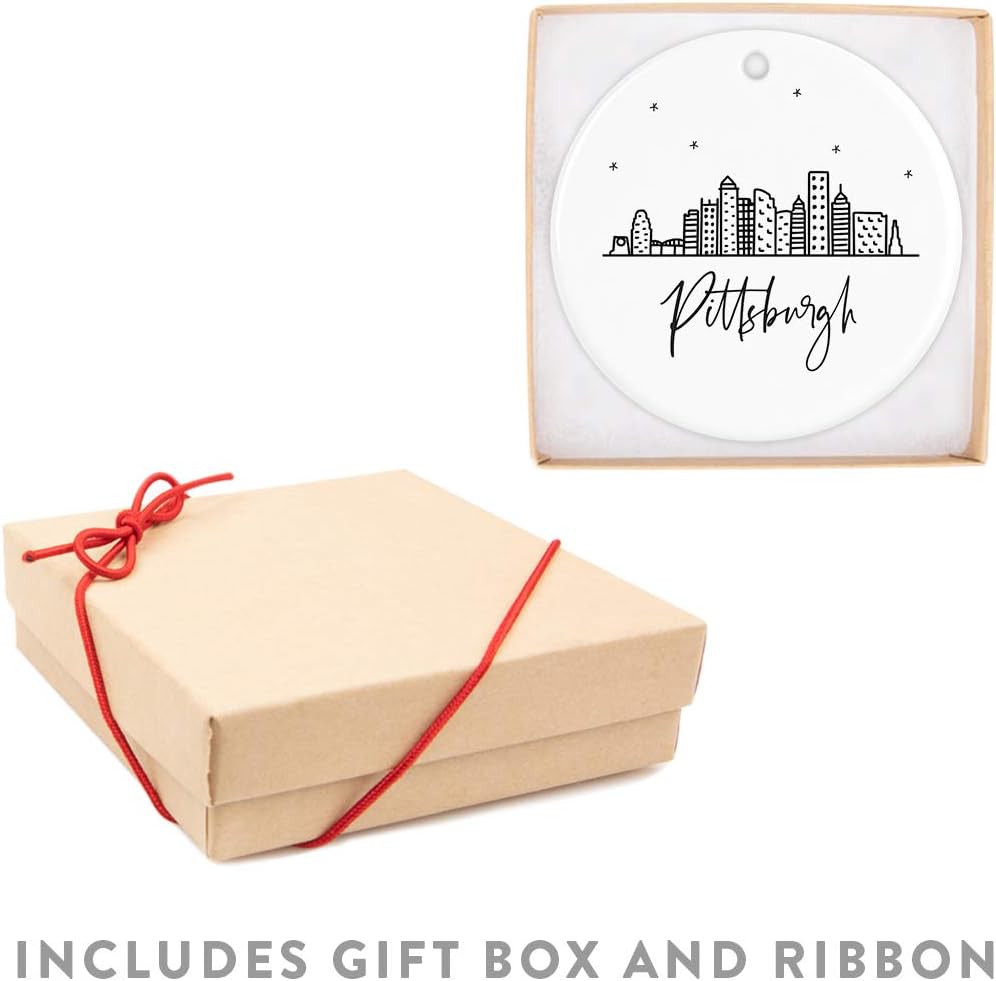 Andaz Press Round Ceramic Porcelain Christmas Tree Ornament Keepsake, Pittsburgh Black and White Stars City Skyline Graphic, 1-Pack, Birthday Gift Family Coworker Him Her, Includes Gift Box
