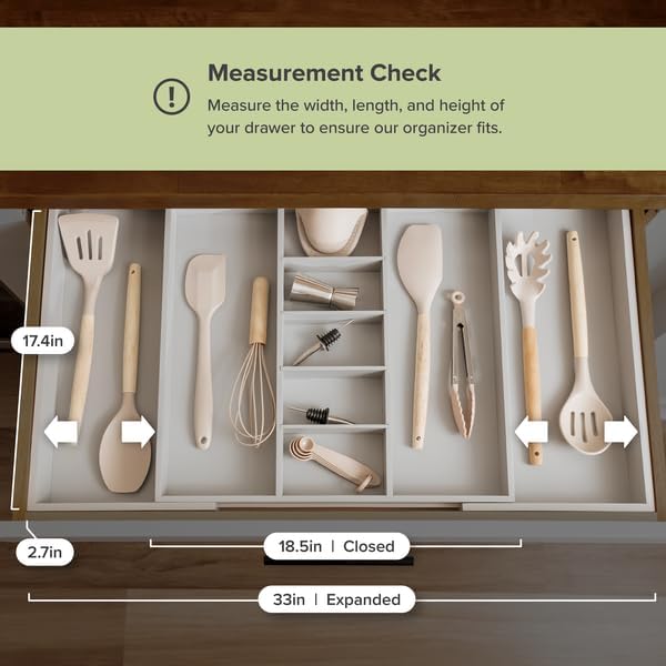 Adjustable Kitchen Drawer Organizer for Utensils and Junk, Food-Safe Contract Grade with 100% Sustainable Wood, Expandable from 19 to 33 Inches Wide - Gray Bamboo