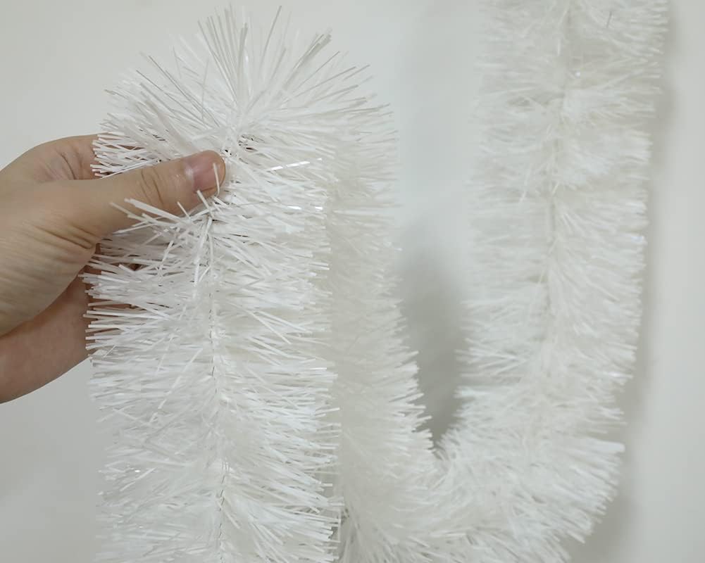 25 ft Long Roll Tinsel Twist Garland, Shiny Metallic Foil Decorations for Halloween, Parade Floats, Christmas Eve, New Year Parties (4" x 25' roll,) (White)