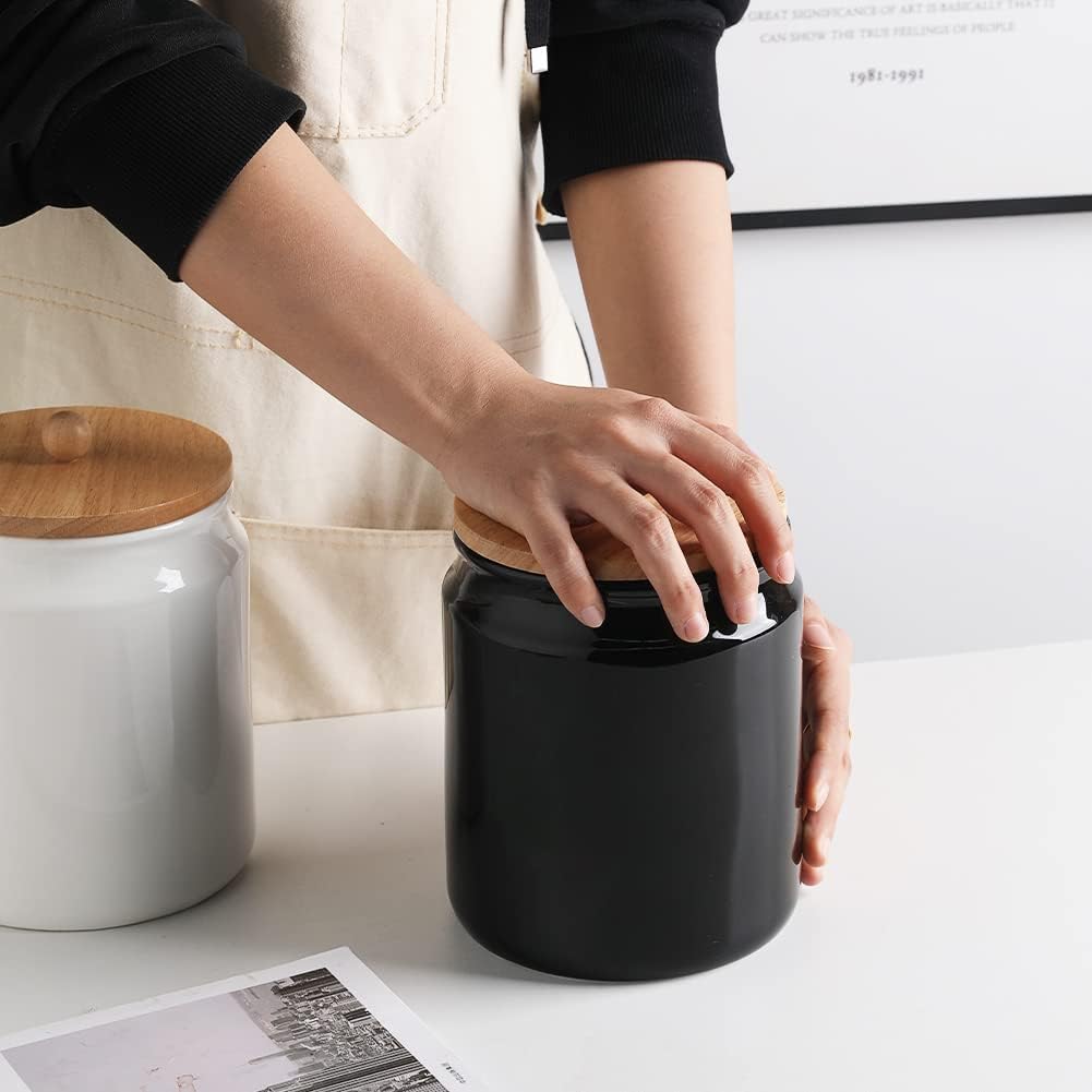 Sweejar Ceramic Kitchen Canisters, 58 FLOZ Porcelain Food Storage Jar with Airtight Seal Wooden Lid, Home Container Serving for Coffee Beans, Tea-leave, Sugar, Salt and More, Tool Bucket (Black)