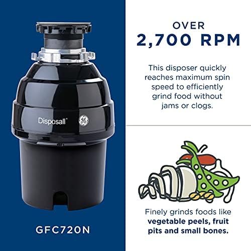 GE Disposall Continuous Feed 3/4 Horsepower Motor Garbage Disposer, Good for Grinding: Vegetable Peels & Small Bones, Easy Install Kit, Non-Corded, Recommended for 2-4 Person Homes, GFC720N
