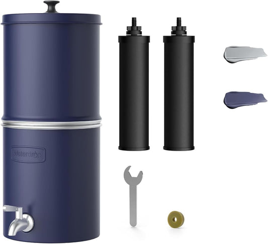 Waterdrop 2.25G Gravity Water Filter System, NSF/ANSI 42&371 Standard, Stainless Steel System with 2 Carbon Filters, Reduces 99% of Lead and Chlorine for Home, Camping, Emergencies, King Tank, Blue